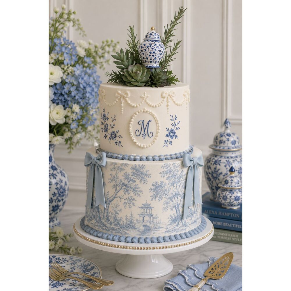 Blue & White Floral Ceramic Ginger Jar Topper with Gold Accent NEW